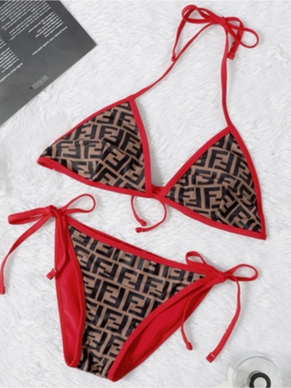 Fendi Red and Brown FF Logo Triangle Bikini Set
